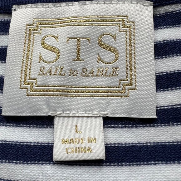 Sail To Sable Size L Navy & White Striped 3/4 Bell Sleeve Nautical Mini Dress - Picture 6 of 13